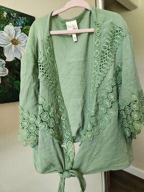 Belle Du Jour Sage Green Crochet-Trim Open Cardigan